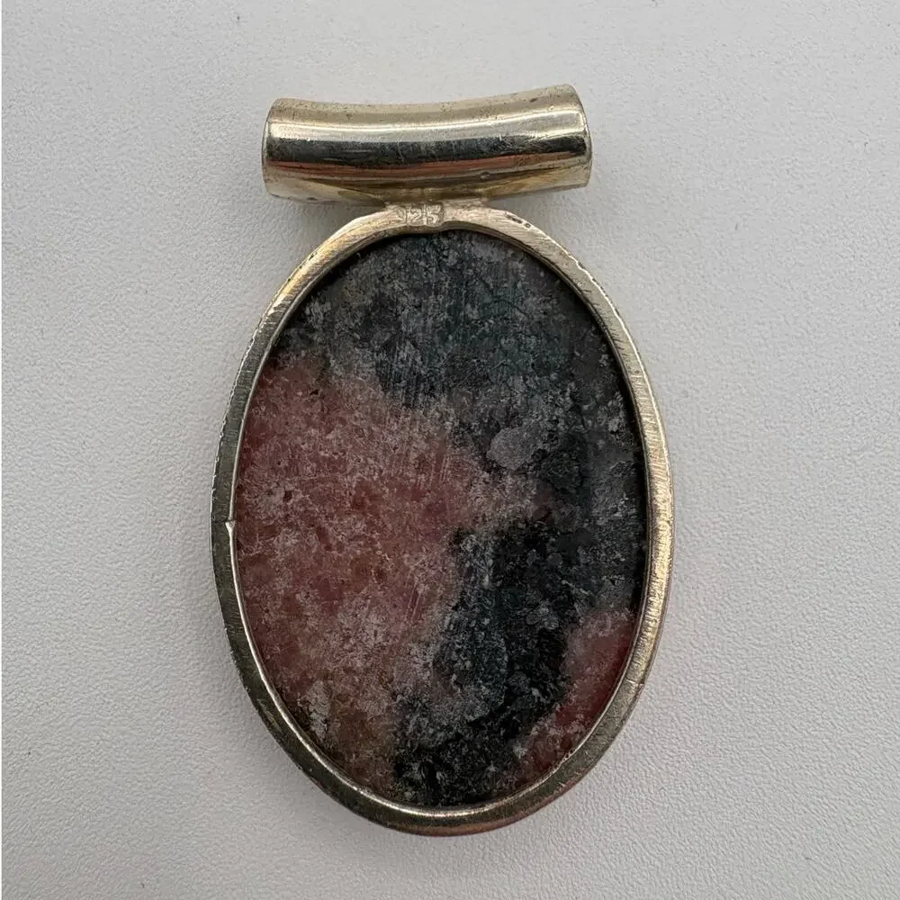 Rhodanite Pink & Black Stone Pendant in Sterling Silver Slide Setting
